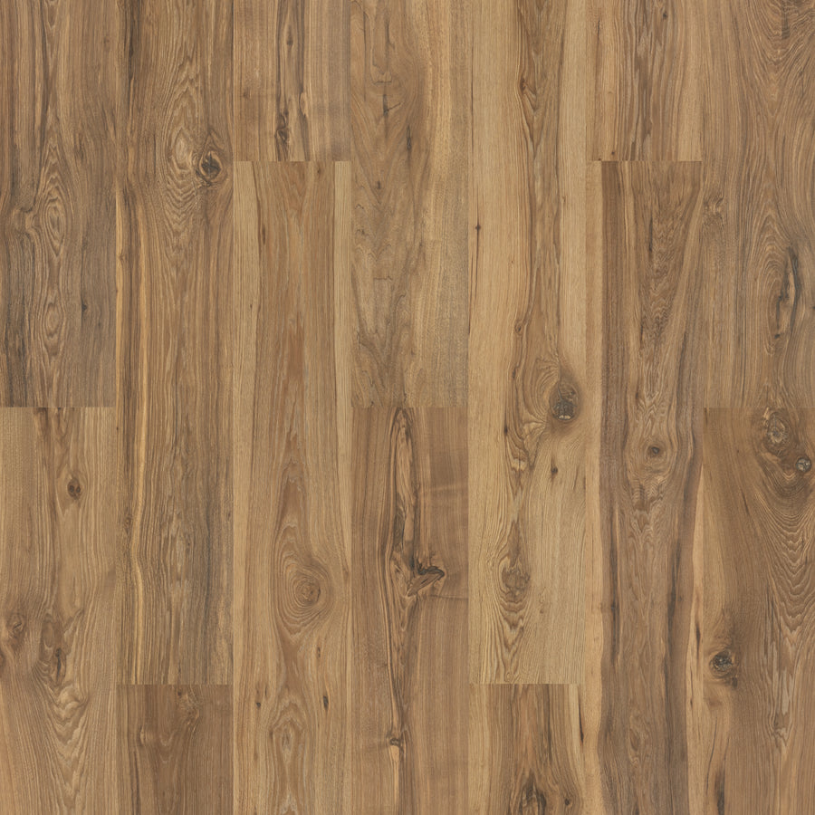 A close-up of Morena Cliffs 8.34" Waterproof Laminate shows natural grain, rich brown shades, visible knots, and textured detail, delivering a luxurious appearance with advanced waterproof technology.