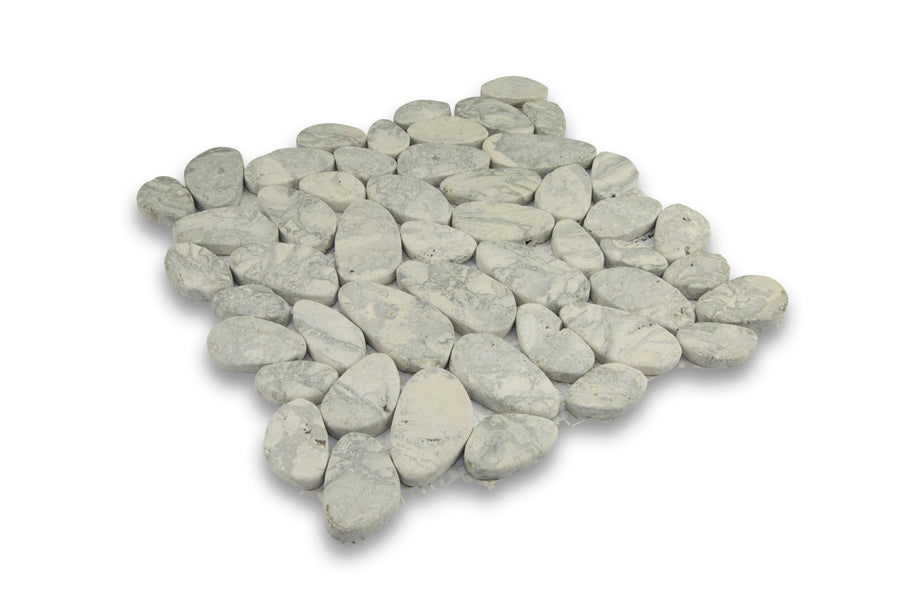 The Cobbles 11 3/4 x 11 3/4 Natural Stone tile features smooth, light gray river stones arranged closely together in a square shape and is displayed on a white background.