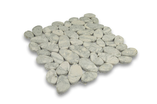 The Cobbles 11 3/4 x 11 3/4 Natural Stone tile features smooth, light gray river stones arranged closely together in a square shape and is displayed on a white background.