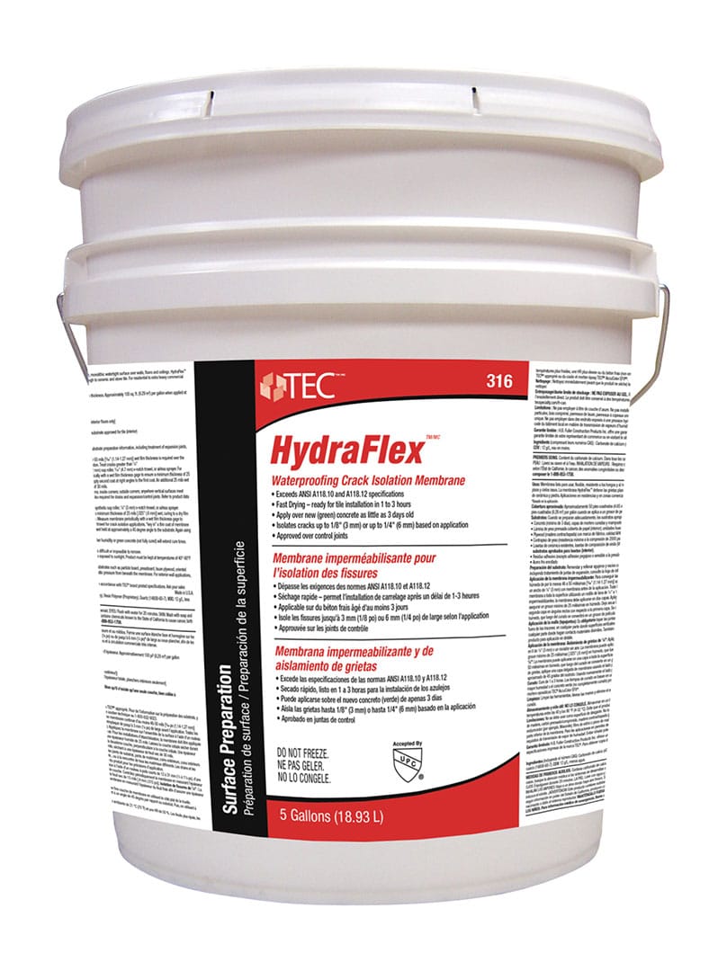 A white 5-gallon plastic bucket labeled TEC Hydraflex Waterproofing features red and black text and identifies the contents as a mold- and mildew-resistant waterproofing membrane for surface preparation.