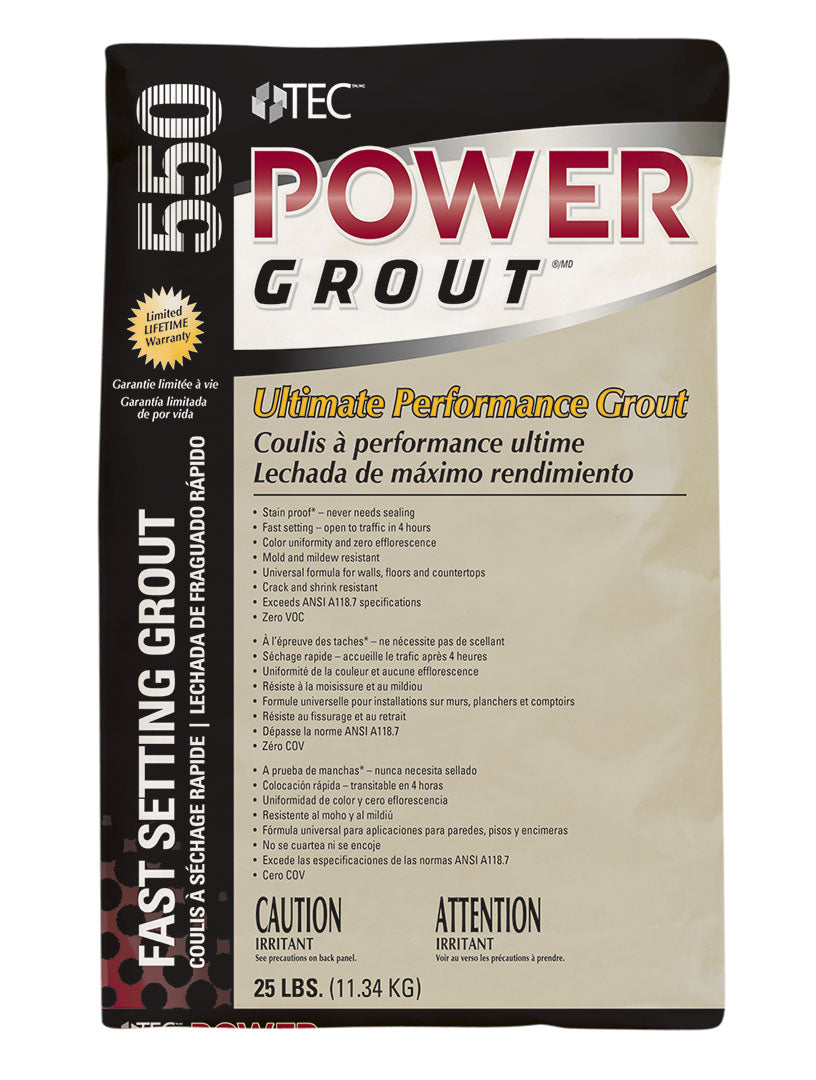 A 25-lb bag of TEC Power Grout, in beige packaging with trilingual text, features fast-setting, stain-proof qualities and is mold and crack resistant.