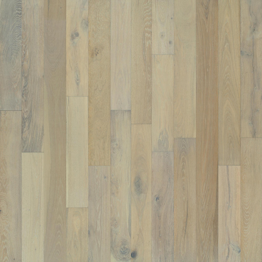 Baldwin Hills 6" Hardwood floorboards display natural grain and knots in a staggered pattern, featuring wood tones from pale beige to soft brown for a warm, organic look.