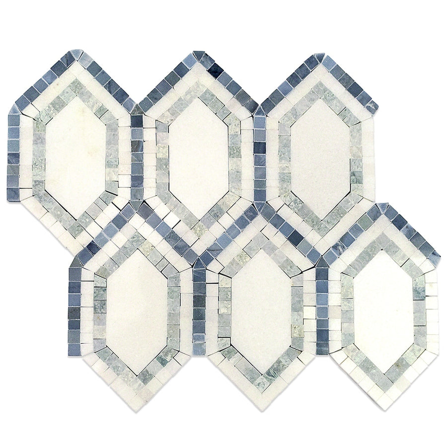 The New Era Long Hex Mosaic features six elongated hexagons outlined in blue and white tiles, creating a layered, three-dimensional look on a white background—showcasing the possibilities of hand-made marble mosaic design.