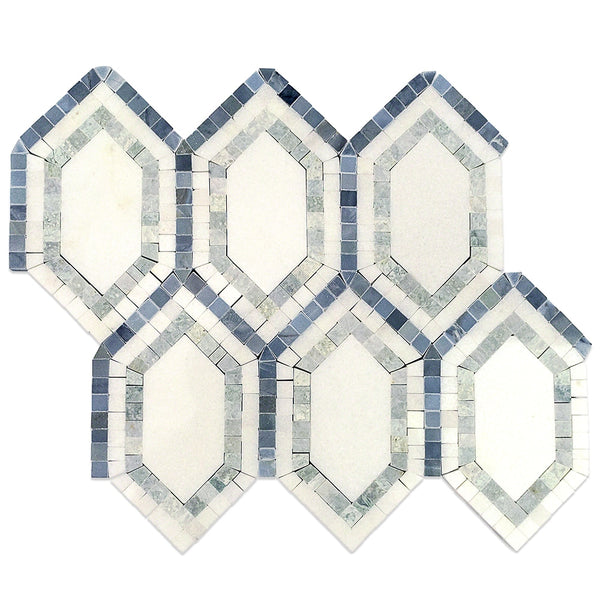 The New Era Long Hex Mosaic features six elongated hexagons outlined in blue and white tiles, creating a layered, three-dimensional look on a white background—showcasing the possibilities of hand-made marble mosaic design.