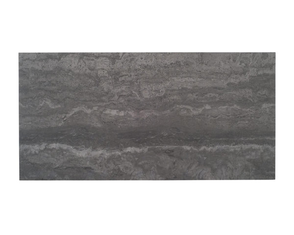 The Tivoli 12x24 Porcelain Tile features layered, wavy patterns in gray with subtle white streaks, offering a refined travertine look. Perfect for modern spaces and provides the easy care of porcelain tile.