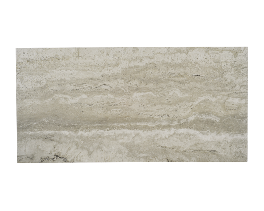 The Tivoli 12x24 Porcelain Tile features a rectangular beige marble look with travertine-inspired wavy light and dark veining. This rectified tile is displayed on a white background.