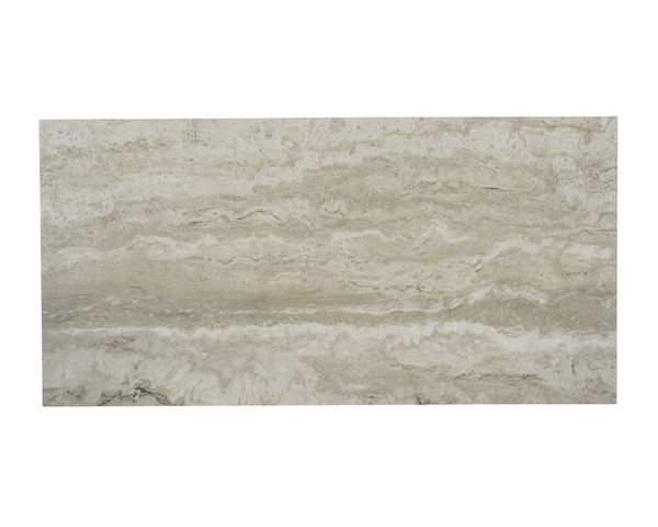 The Tivoli 12x24 Porcelain Tile features a rectangular beige marble look with travertine-inspired wavy light and dark veining. This rectified tile is displayed on a white background.