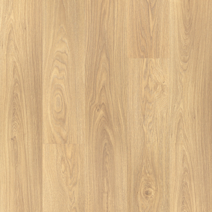 Hill Valley 7.5" Waterproof Laminate features light brown oak tones with natural grain patterns and subtle knots, offering a warm look and a smooth, lightly textured finish.