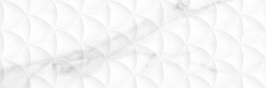 The Trevi 16x47 Rectified Porcelain Tile features a white textured surface with a 3D Deco pattern of overlapping semi-circles and subtle gray marble veining, offering a modern, elegant look perfect for sophisticated walls.