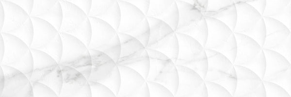 The Trevi 16x47 Rectified Porcelain Tile features a white textured surface with a 3D Deco pattern of overlapping semi-circles and subtle gray marble veining, offering a modern, elegant look perfect for sophisticated walls.