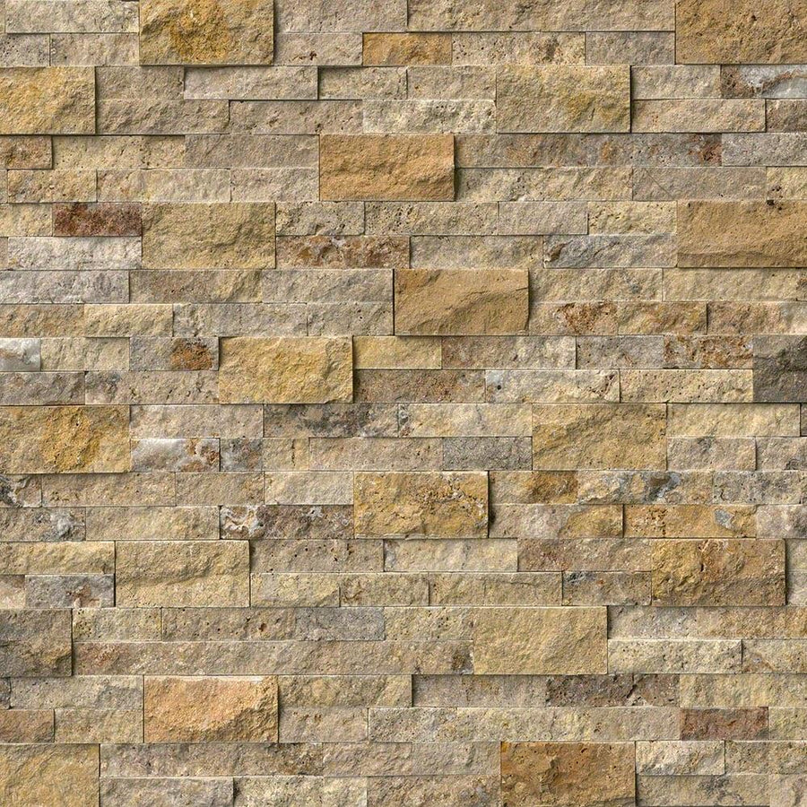 A close-up of a stone wall featuring Landscape 6x24 Natural Stone Ledger Panel in rectangular beige, tan, and light brown pieces with a rough, natural split face texture arranged in a staggered pattern for an eye-catching design.