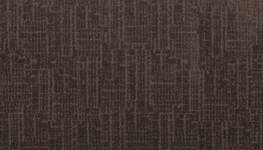 Close-up of Delicate Features Family Friendly Carpet in textured brown, showcasing a modern geometric pattern with intersecting lines and rectangles, plus advanced stain resistance for a sophisticated look.