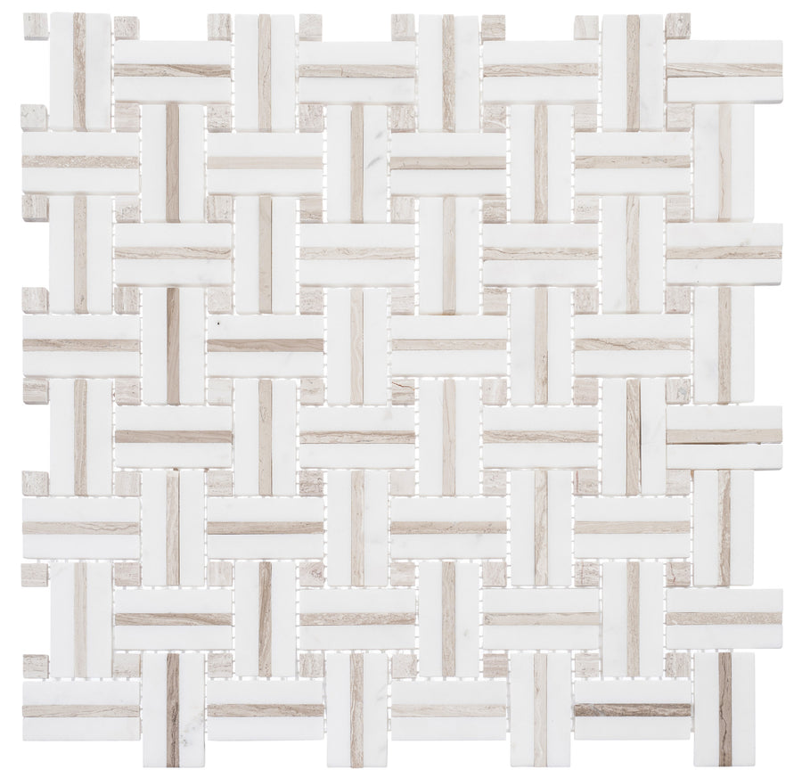 The Ultra Weave Stone Mosaic Ceramic Tile in Kalahari Dunes features interlocking rectangular tiles in white and light beige, forming a geometric basketweave pattern on mesh sheets for easy installation.