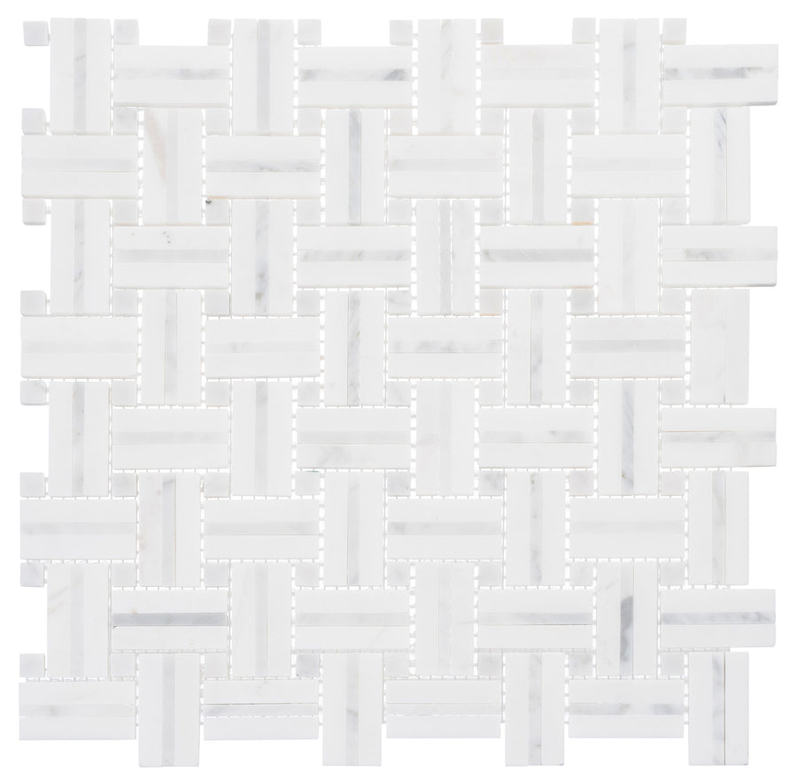 The Ultra Weave Stone Mosaic Ceramic Tile in Lace Lining features a basketweave pattern of white tiles with subtle gray veining, accented by small squares and mounted on mesh sheets for easy installation.
