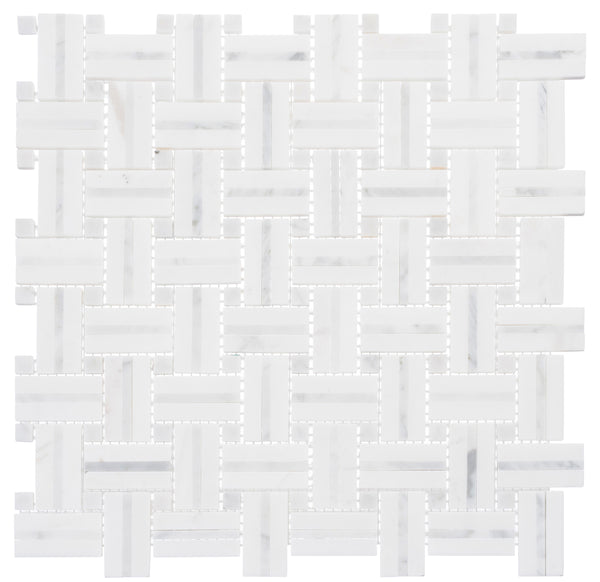 The Ultra Weave Stone Mosaic Ceramic Tile in Lace Lining features a basketweave pattern of white tiles with subtle gray veining, accented by small squares and mounted on mesh sheets for easy installation.