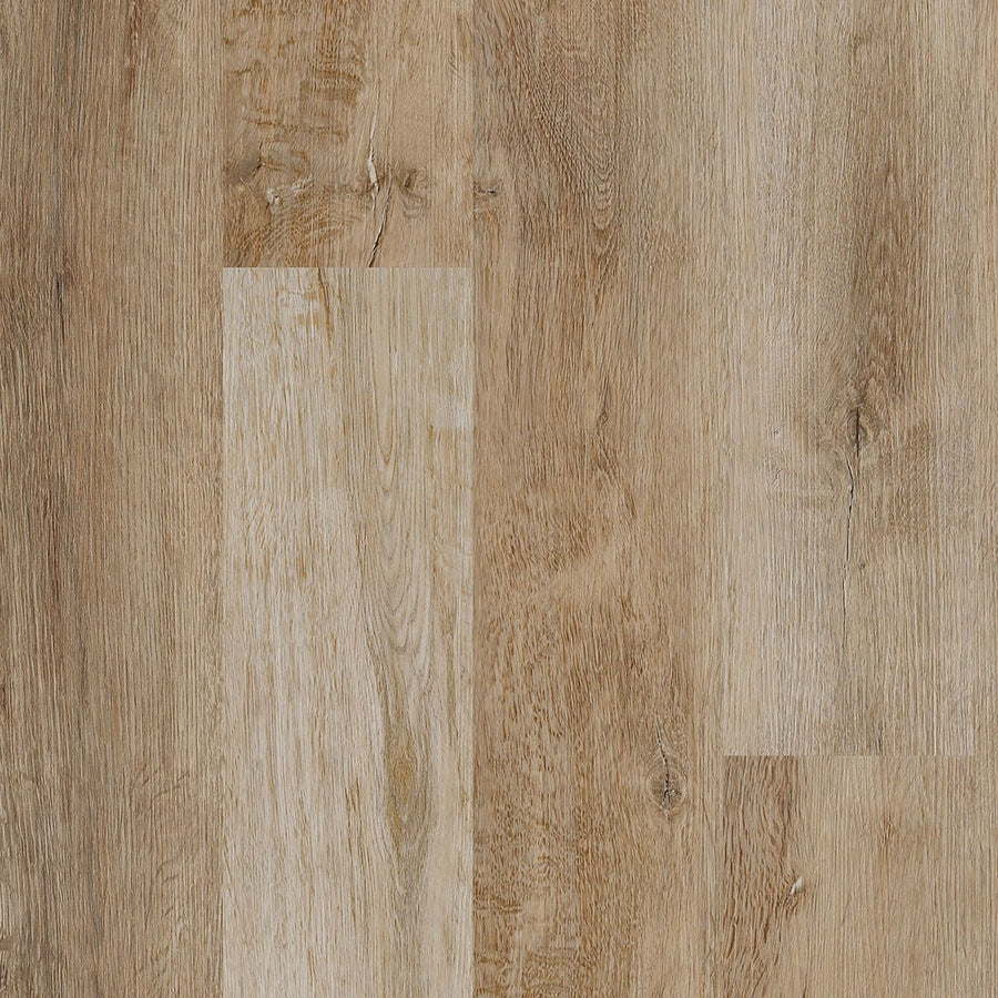 Close-up of ArmorStep 7" Vinyl Plank flooring, featuring natural grain patterns and subtle color variations. The waterproof planks display beige, tan, and caramel shades arranged vertically for a modern appearance.