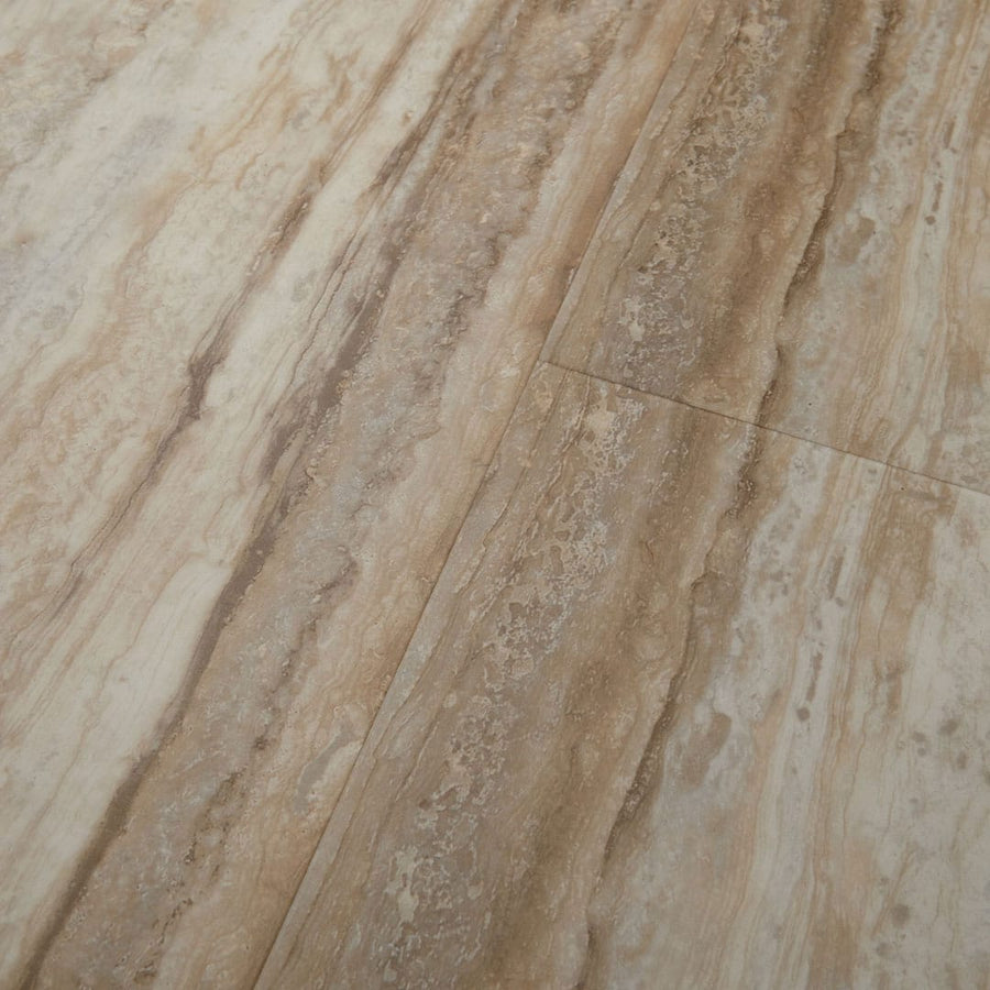 Close-up of Cascade Adura® Flex 12x24 Vinyl Tile highlights natural, wavy stone patterns and subtle textures with distinct color variation at the junction between two tiles.