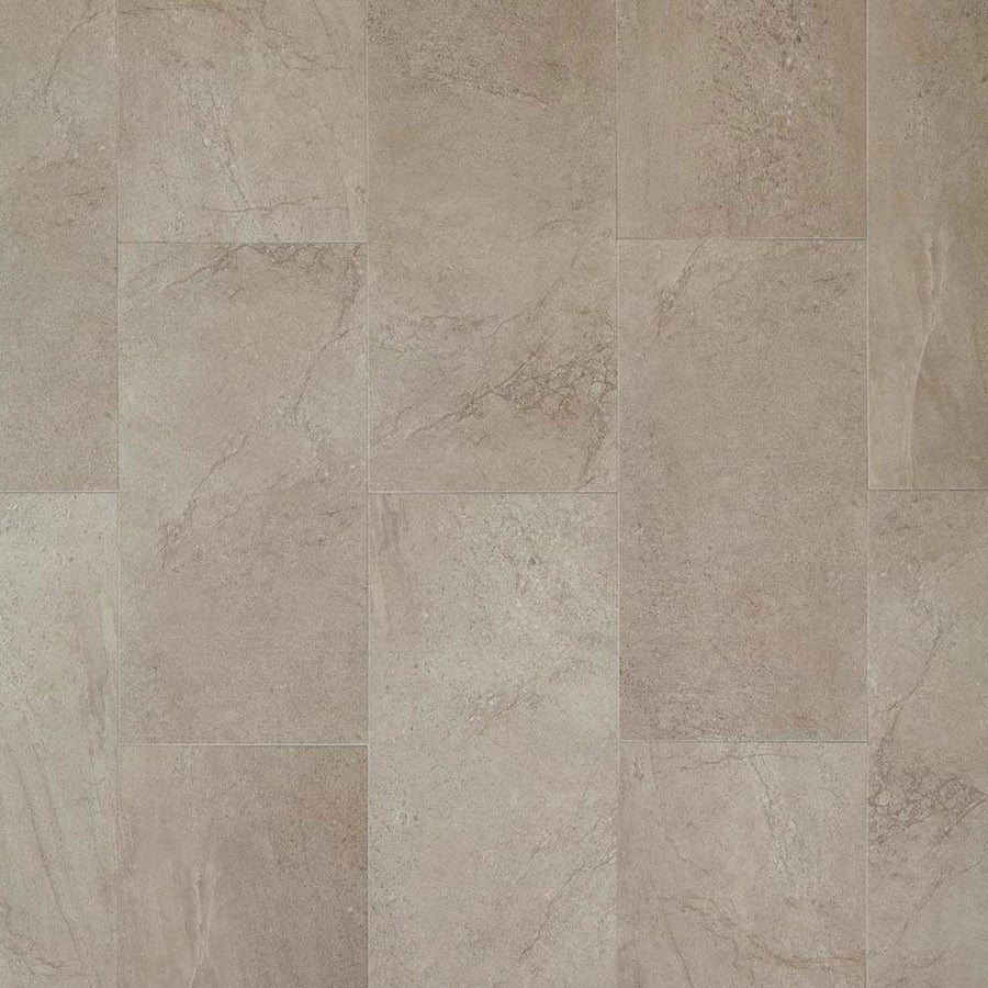 A close-up view of Meridian Adura® Rigid 12x24 Vinyl Tile in beige and light brown, arranged in a staggered pattern with subtle natural veining and texture for a contemporary flooring look.