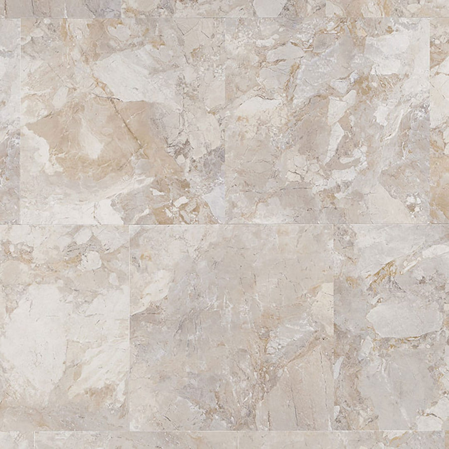 Corinthia Adura Flex 18x18 Vinyl Tile offers a polished, sophisticated look inspired by ancient Greece, featuring irregular patterns and natural veining in cream, light brown, and gray for a textured stone-like surface.
