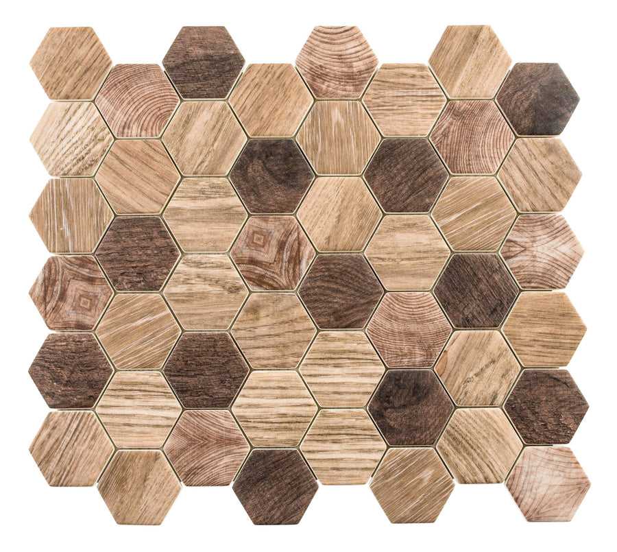 The Woodland Hexagon Mosaic Glass Tile features hexagonal tiles in brown, tan, and beige shades with a wood grain texture, artfully arranged for a chic wood-look mosaic design.