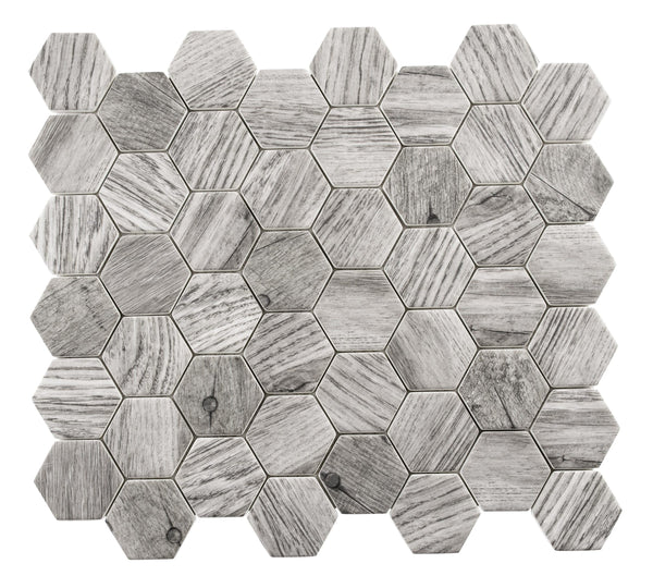 Woodland Hexagon Mosaic Glass Tile features gray wood-look hexagons in a honeycomb pattern, with subtle shade and texture variations and recycled glass accents for a natural, modern geometric style.