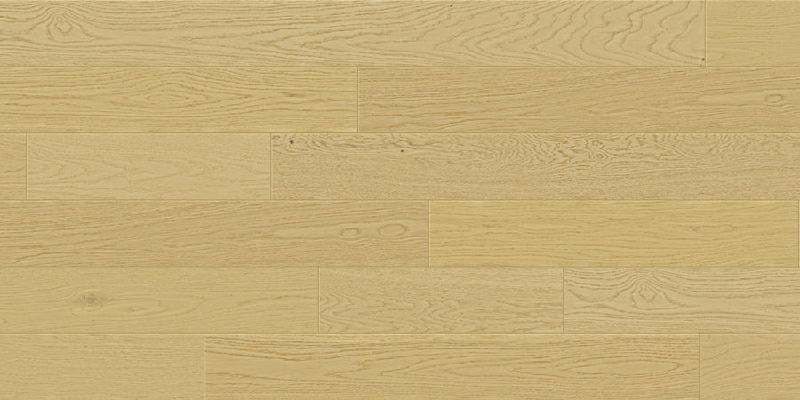 A close-up of Dartmouth White Oak 6 1/2" Hardwood flooring, featuring engineered white oak and a subtle wire brushed finish.