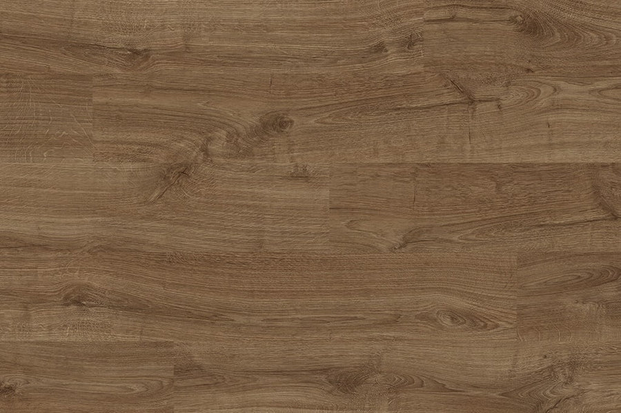 The AquaPrime 6 1/8" Waterproof Laminate features a light brown wood look with visible grain patterns and natural knots, offering rich texture and classic hardwood style for a subtly rustic yet modern appeal.