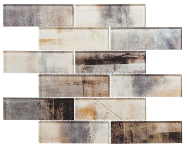 The Westminster Glass Mosaic tile sheet features a staggered brick pattern of rectangular glass tiles in beige, gray, white, and black with a distressed, textured finish—ideal for backsplashes or shower accents.