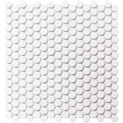The Penny Round Glossy Mosaic Tile sheet features small, round, white porcelain tiles in a uniform grid with even spacing—perfect for creating stylish kitchen backsplashes.