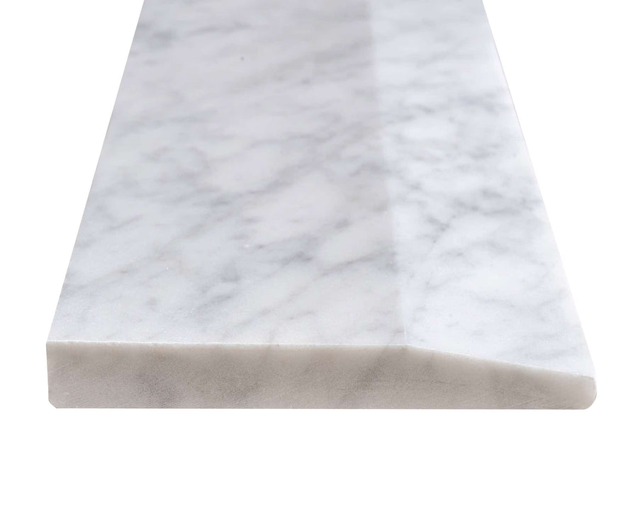Hollywood 4x36 Threshold—a rectangular white marble slab with gray veining, smooth surface, and beveled edge—perfect as a natural stone threshold or for creating an elegant flooring transition.