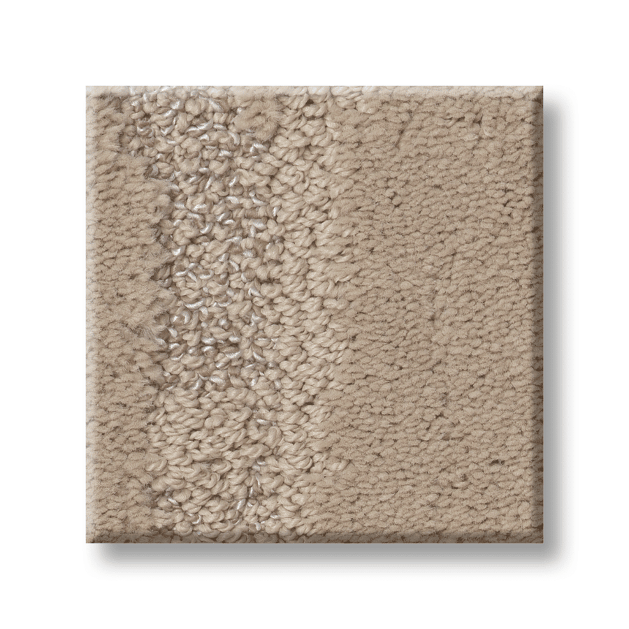 The Tranquil Spirit Pet Friendly Carpet sample is a square piece with a textural, looped pile in beige and taupe, showcasing mixed tight and loose fibers on a matte base, shown against a white background.