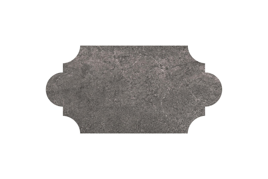 A gray, textured rectangular label with curved cut-out corners on a white background, inspired by the natural look of the Santorini 12x24 Provenzale Porcelain Tile collection.
