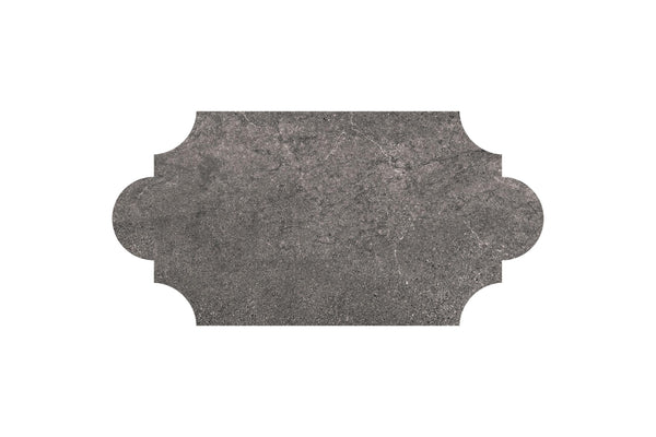 A gray, textured rectangular label with curved cut-out corners on a white background, inspired by the natural look of the Santorini 12x24 Provenzale Porcelain Tile collection.
