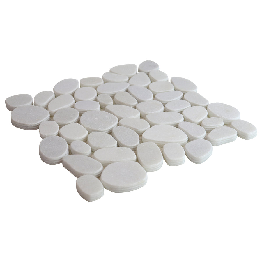 The Spindrift Pebble 11 3/4 x 11 3/4 Natural Stone tile sheet showcases white, oval, and irregular marble pebbles, closely arranged for a modern river rock look.