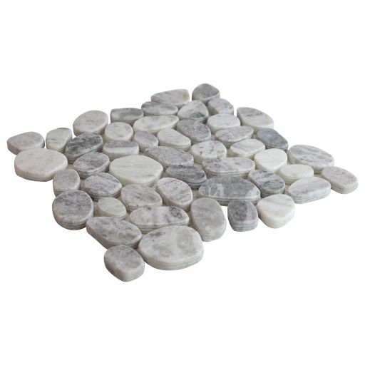 The Spindrift Pebble 11 3/4 x 11 3/4 Natural Stone tile features smooth gray and white oval and round marble pebbles in a mosaic, bringing modern style to floors or backsplashes.