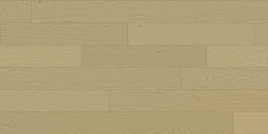 Dartmouth White Oak 6 1/2" Hardwood features light-colored engineered planks arranged horizontally, with natural wood grain, a subtle wire brushed finish, and slight variations in length and shade.