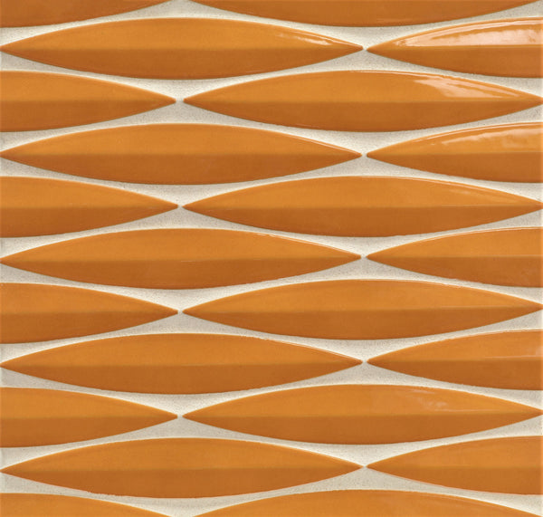 Close-up of Ka-Nu Keel 3D Mosaic Tile featuring glossy orange elongated diamonds arranged in horizontal rows on a light beige background. The three-dimensional design creates a visually dynamic, geometric pattern.