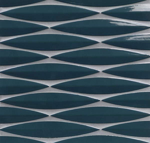 Close-up of a wall featuring Ka-Nu Keel 3D Mosaic Tile: dark teal, elongated ceramic tiles arranged horizontally with thin light gray grout lines and distinctive glaze colors.