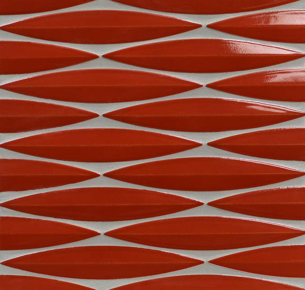 Close-up of the Ka-Nu Keel 3D Mosaic Tile: red, elongated oval shapes form a repeating horizontal pattern on a light gray background. The glossy, geometric design mimics the appearance of three-dimensional tiles.