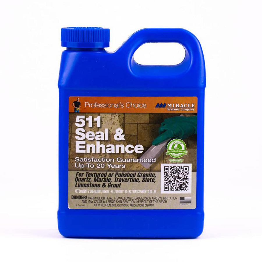 Miracle 511 Seal & Enhance is a blue plastic container labeled for stain protection, designed to seal and enhance surfaces.
