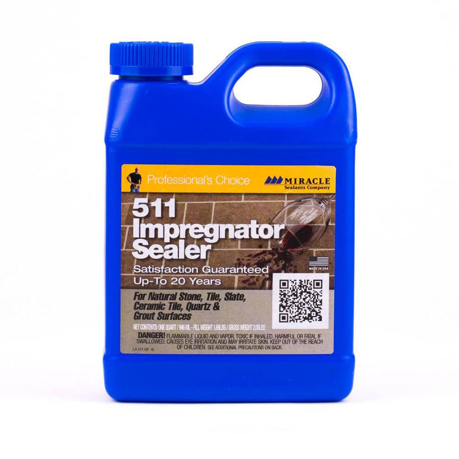 A blue plastic bottle of Miracle 511 Impregnator Sealer for natural stone and tile, with a yellow and black label that includes product details, usage instructions, grout protector benefits, and a QR code on the front.