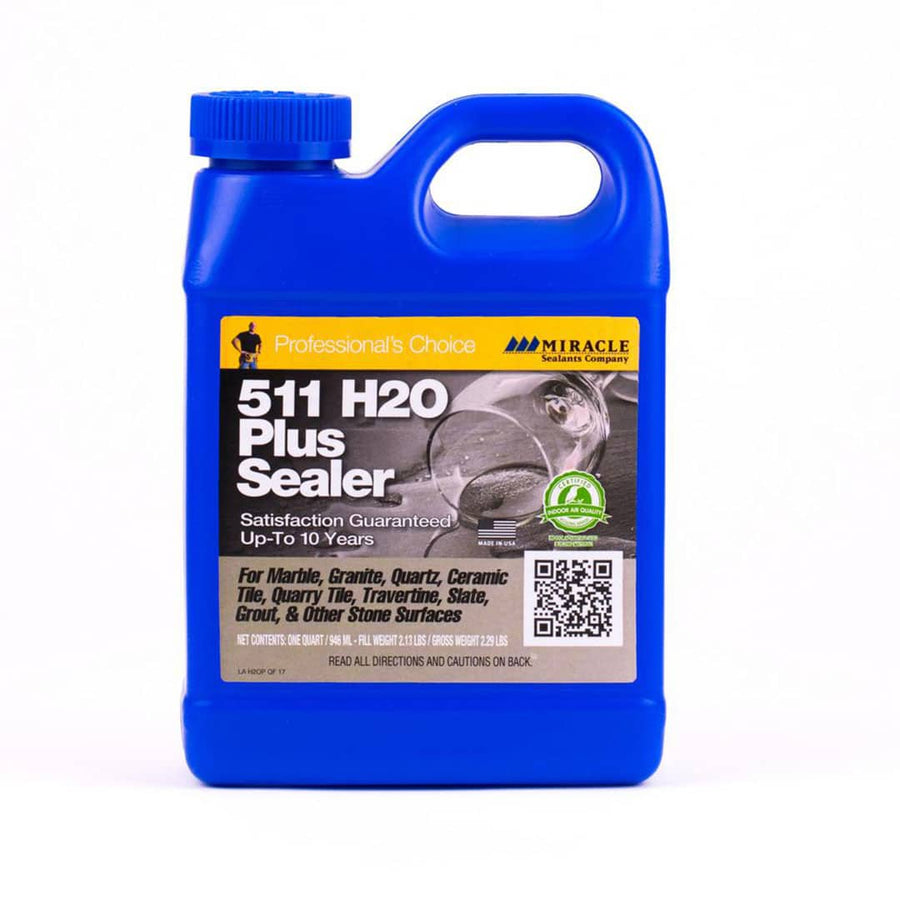 A blue bottle of Miracle 511 H2O Plus Sealer, a water-based stone tile protector with a yellow label, seals marble, granite, quartz, ceramic tile, grout, and other surfaces.