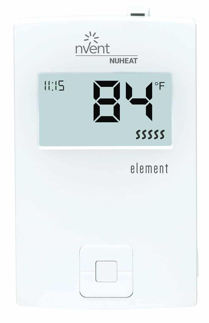 The white nVent Nuheat Element non-programmable thermostat shows 11:15 and 84°F on its digital screen, featuring a single square button for easy electric floor heating temperature control.