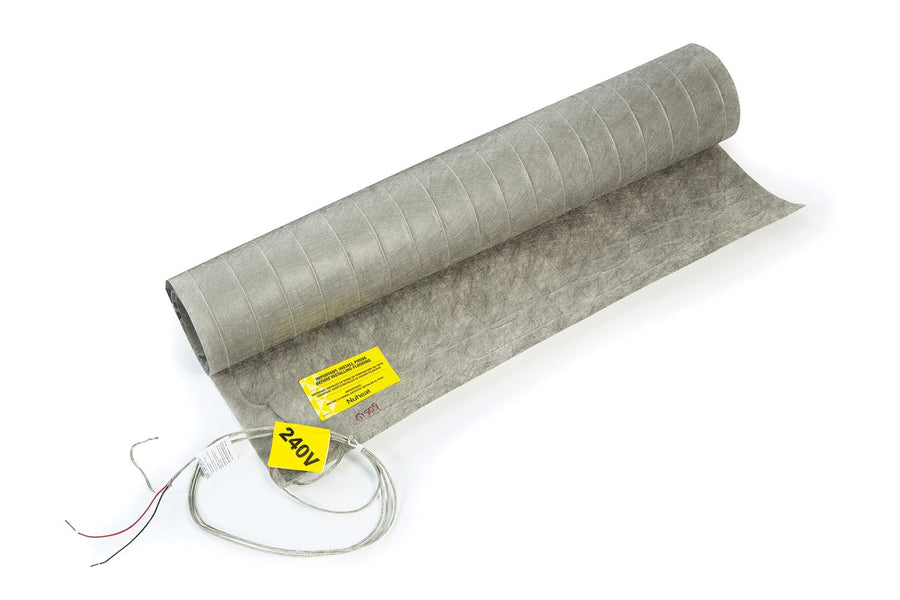 The nVent Nuheat Mat, shown rolled out with visible heating wires and a 240V label on its cables against a white background, is a standard mat designed for easy installation and efficient electric underfloor heating.