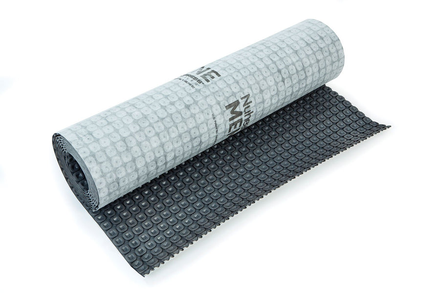 A partially unrolled black and gray dimpled nVent Nuheat Membrane on a white background, commonly used as an uncoupling membrane or tile underlayment for waterproofing or underfloor heating systems.
