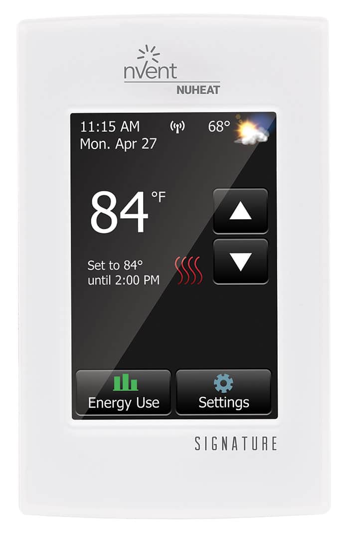 The nVent Nuheat Signature is a WiFi-enabled thermostat that shows 84°F, weather, date, time, and icons for adjusting floor heating—all on a user-friendly touchscreen.