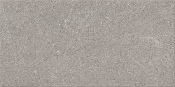 The Sandwaves 12x24 Porcelain Tile features a rectangular gray design inspired by sedimentary rock, with a subtle uneven texture, faint speckles, and a thin diagonal crack for contemporary style.