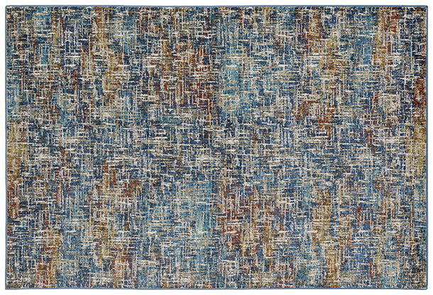 The Venice 5573X Area Rug is a rectangular, power-loomed polypropylene rug with an abstract textured pattern in blue, beige, brown, and white for a striking layered brushstroke look.