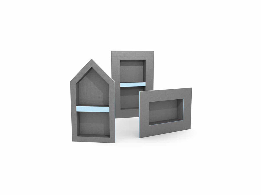 Three gray, fabric-covered shadow box shelves—pointed, upright rectangular, and horizontal—each feature a blue waterproof-inspired inner shelf modeled after Wedi Shower Niches.